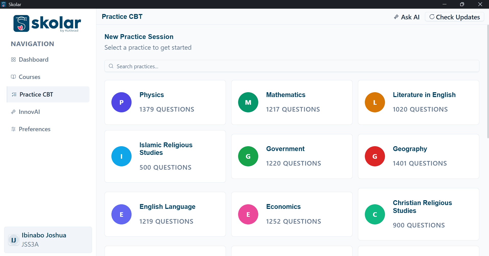 Practice CBT subject picker with question counts for Physics, Mathematics, Literature and more.