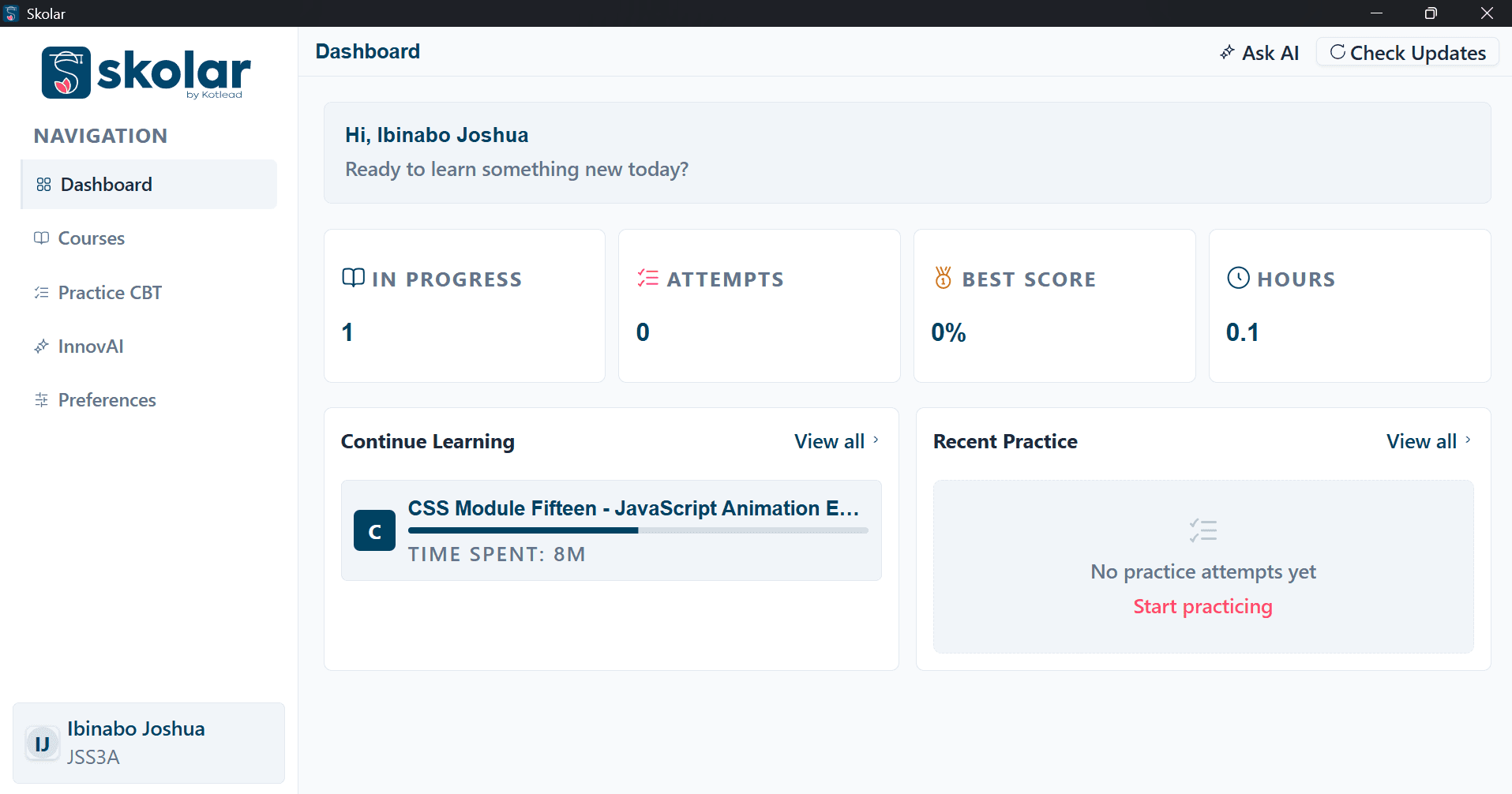 Skolar dashboard: courses in progress, practice attempts, best score and study hours.