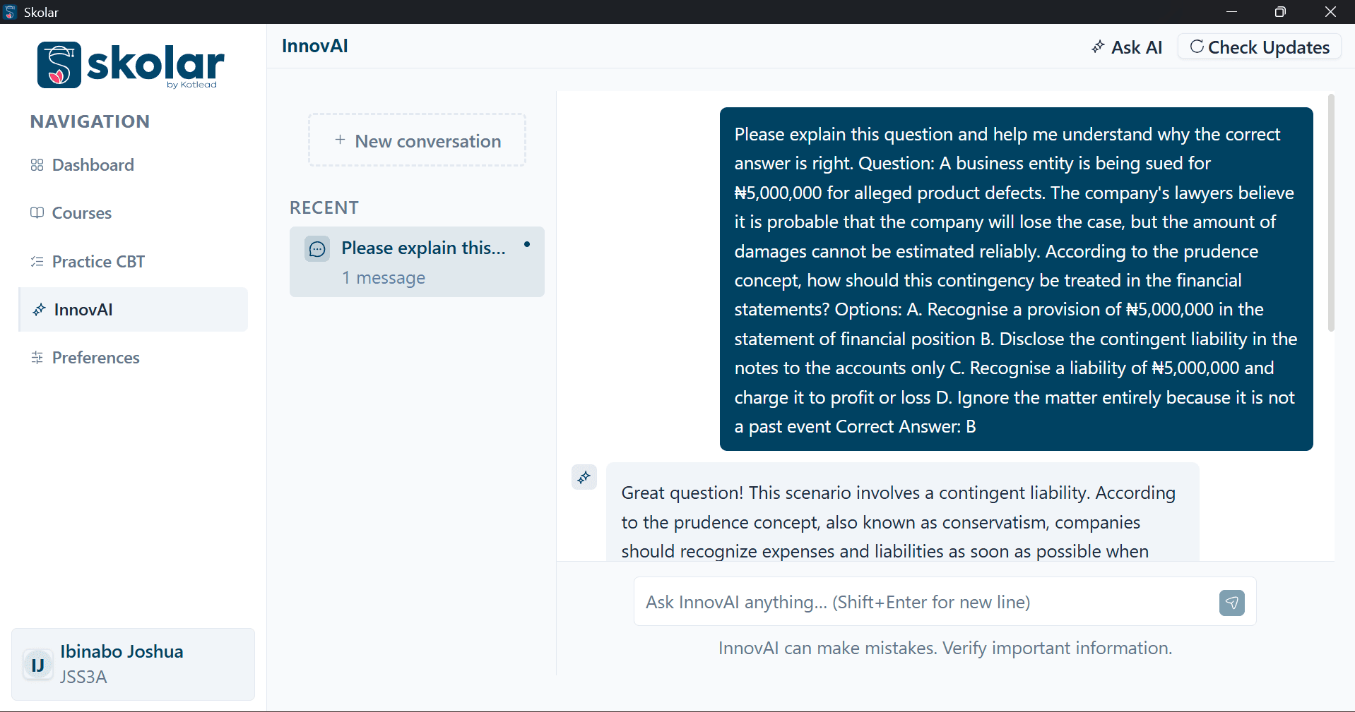 InnovAI, the on-device tutor, offering to explain topics from the student's courses.